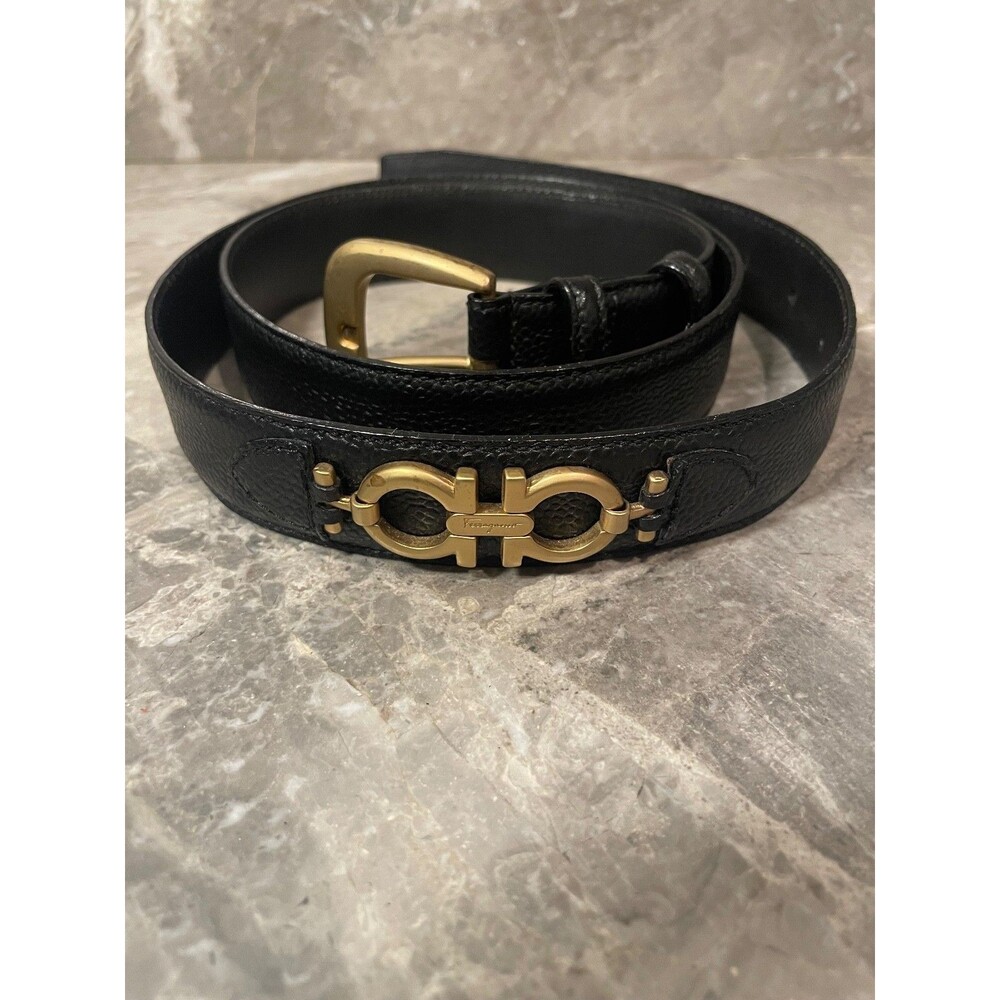 Authentic Salvatore Ferragamo Gancini Logo Leather Belt Black Gold Size 32- 34